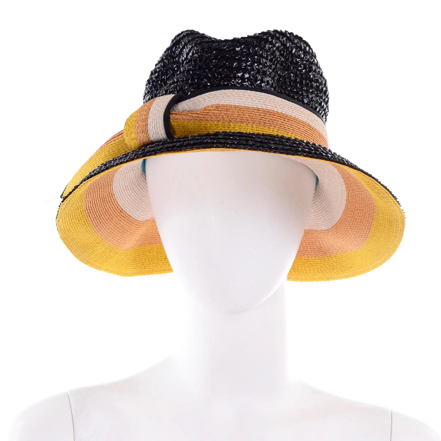 1960s Yves Saint Laurent Black Straw Hat w Striped Ribbon Deadstock