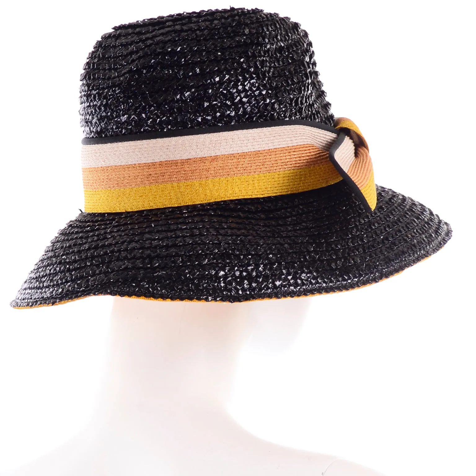1960s Yves Saint Laurent Black Straw Hat w Striped Ribbon Deadstock