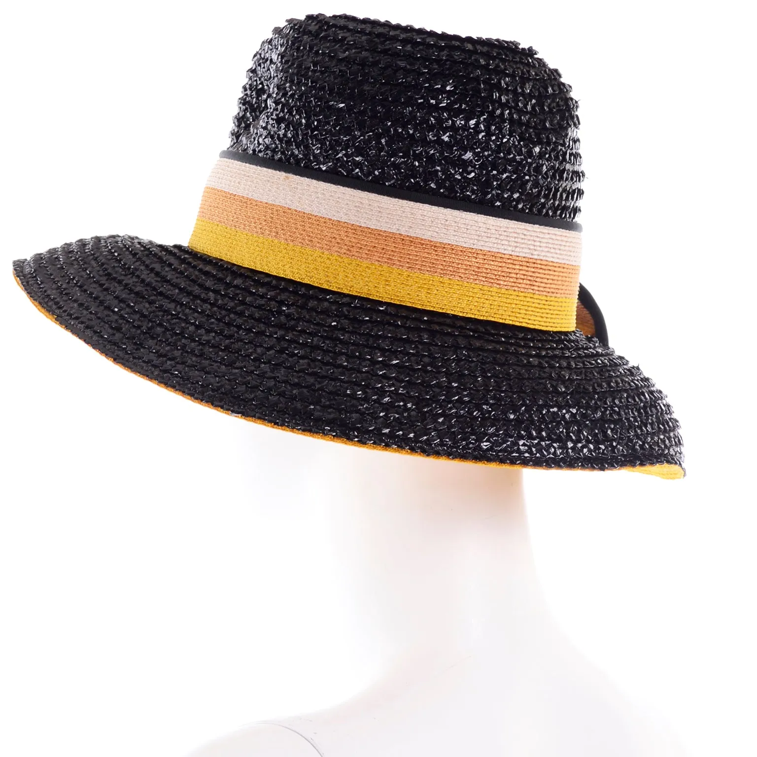 1960s Yves Saint Laurent Black Straw Hat w Striped Ribbon Deadstock