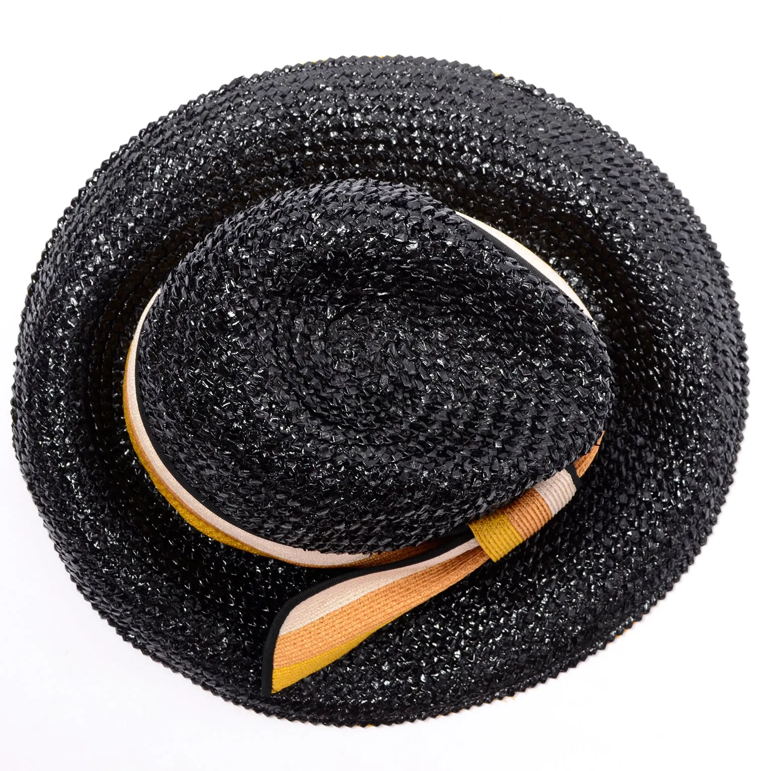 1960s Yves Saint Laurent Black Straw Hat w Striped Ribbon Deadstock