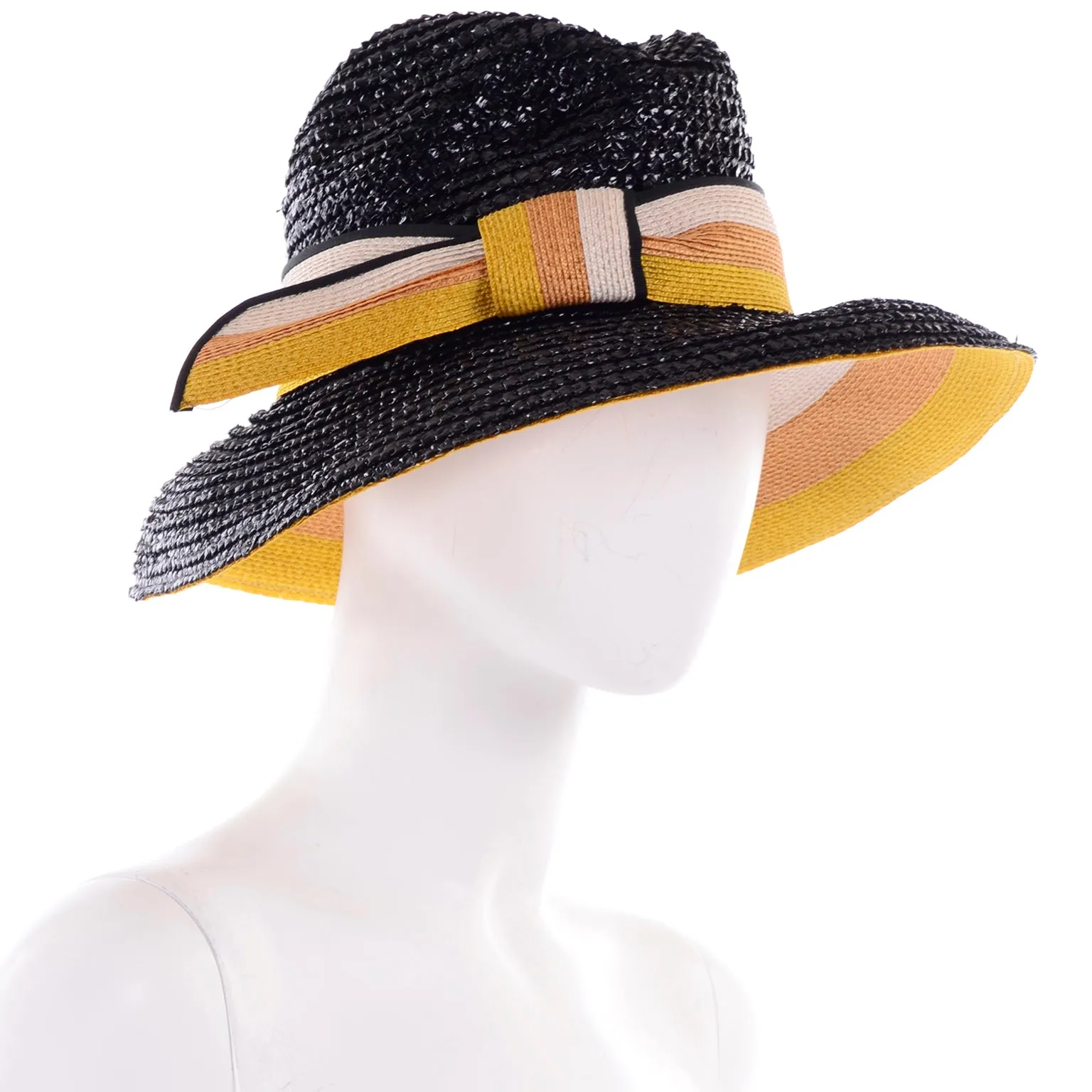 1960s Yves Saint Laurent Black Straw Hat w Striped Ribbon Deadstock