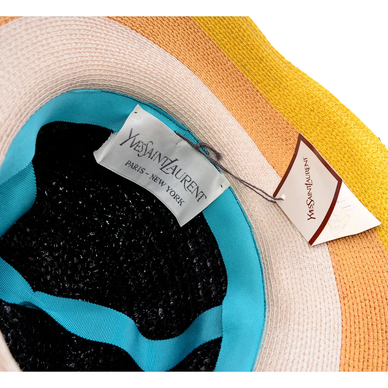 1960s Yves Saint Laurent Black Straw Hat w Striped Ribbon Deadstock