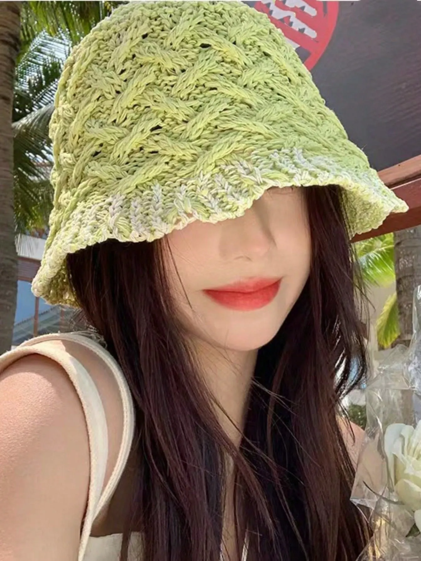 1pc Women's Multicolor Hollow Out Straw Fisherman Hat, Fashionable And Simple Summer Sun-Shading Bucket Hat With Wide Brim In Fresh Green Color. The White One Is Suitable For Traveling And Vacation, Versatile For Fashion And Photoshoots.
