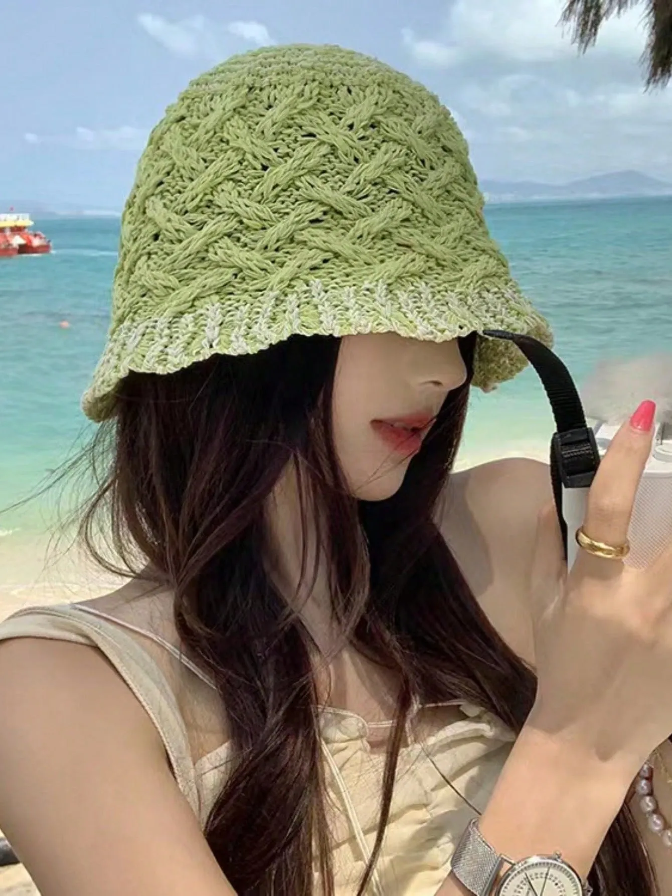 1pc Women's Multicolor Hollow Out Straw Fisherman Hat, Fashionable And Simple Summer Sun-Shading Bucket Hat With Wide Brim In Fresh Green Color. The White One Is Suitable For Traveling And Vacation, Versatile For Fashion And Photoshoots.