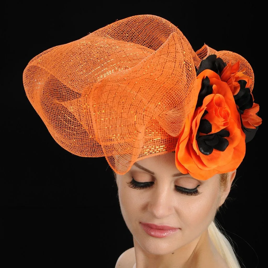 AC7022- Orange and Black Fascinator with Flowers