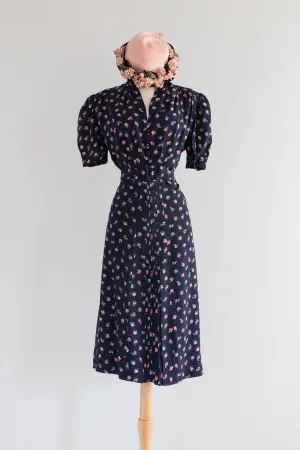 Beautiful 1940's Rayon Floral Print Day Dress With Matching Hat / ML