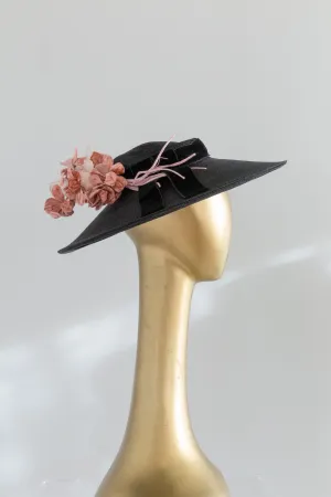 Classic 1950's Cartwheel Hat In Black Straw With Pink Millinery Flowers