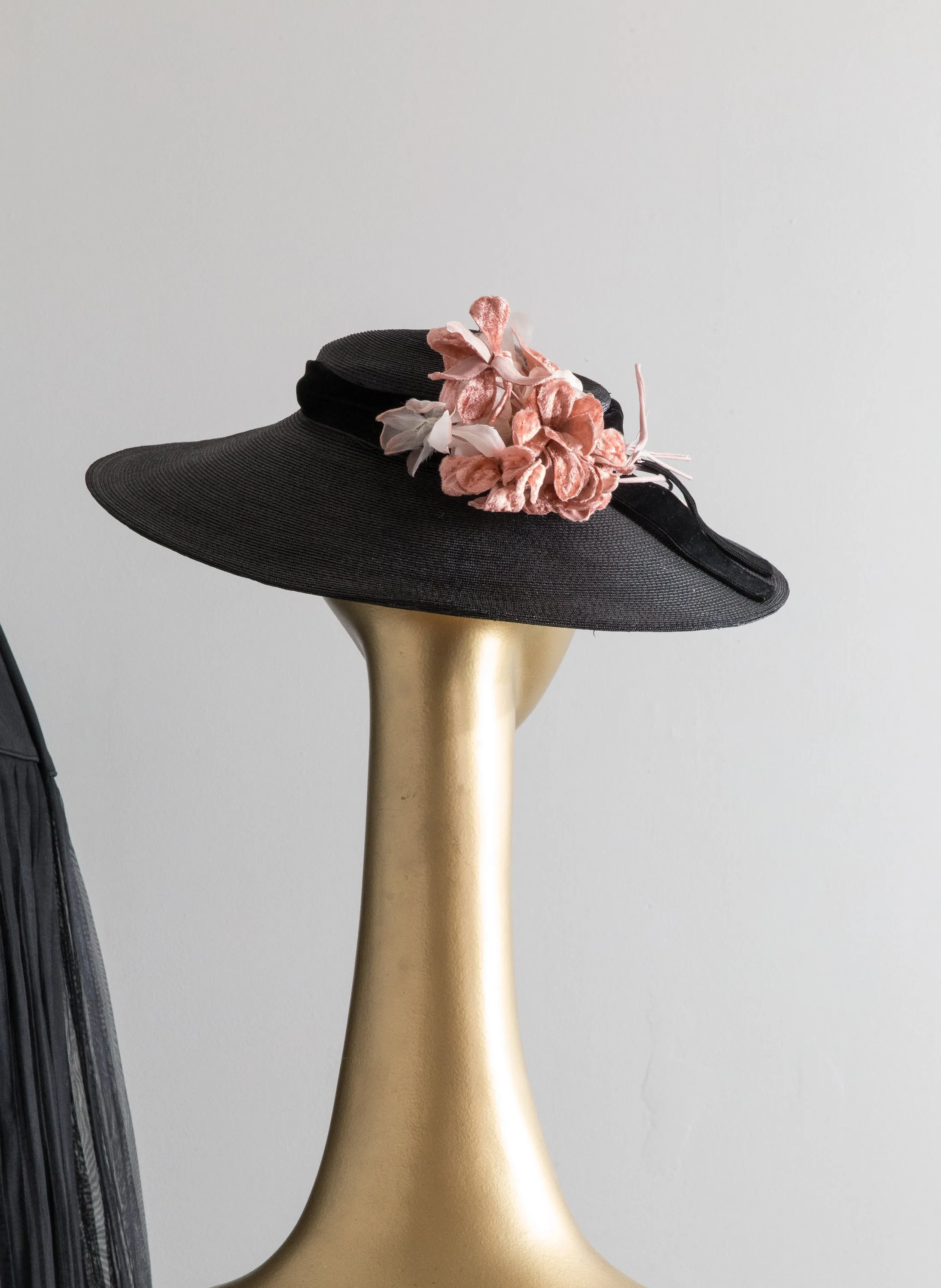 Classic 1950's Cartwheel Hat In Black Straw With Pink Millinery Flowers