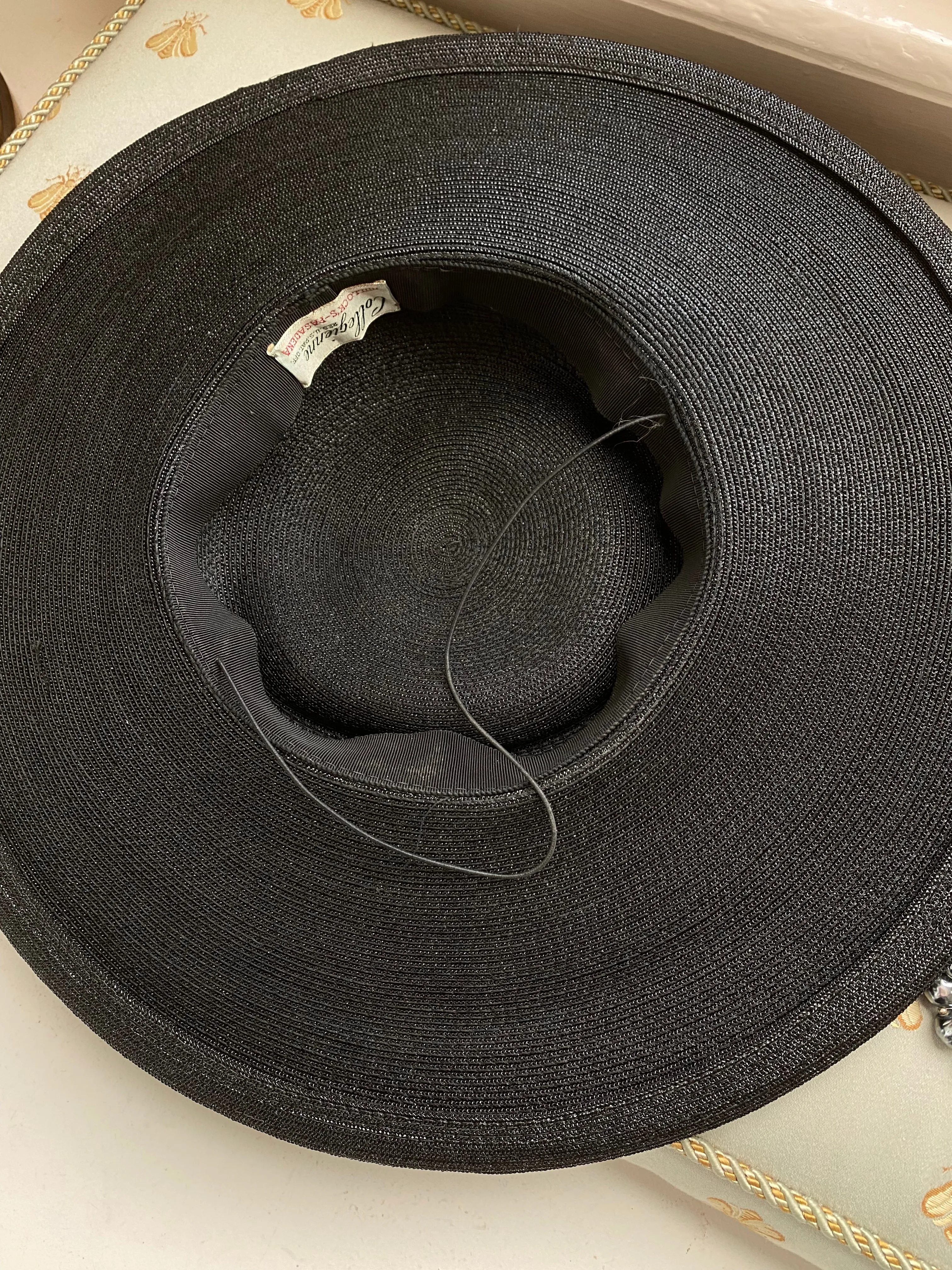 Classic 1950's Cartwheel Hat In Black Straw With Pink Millinery Flowers