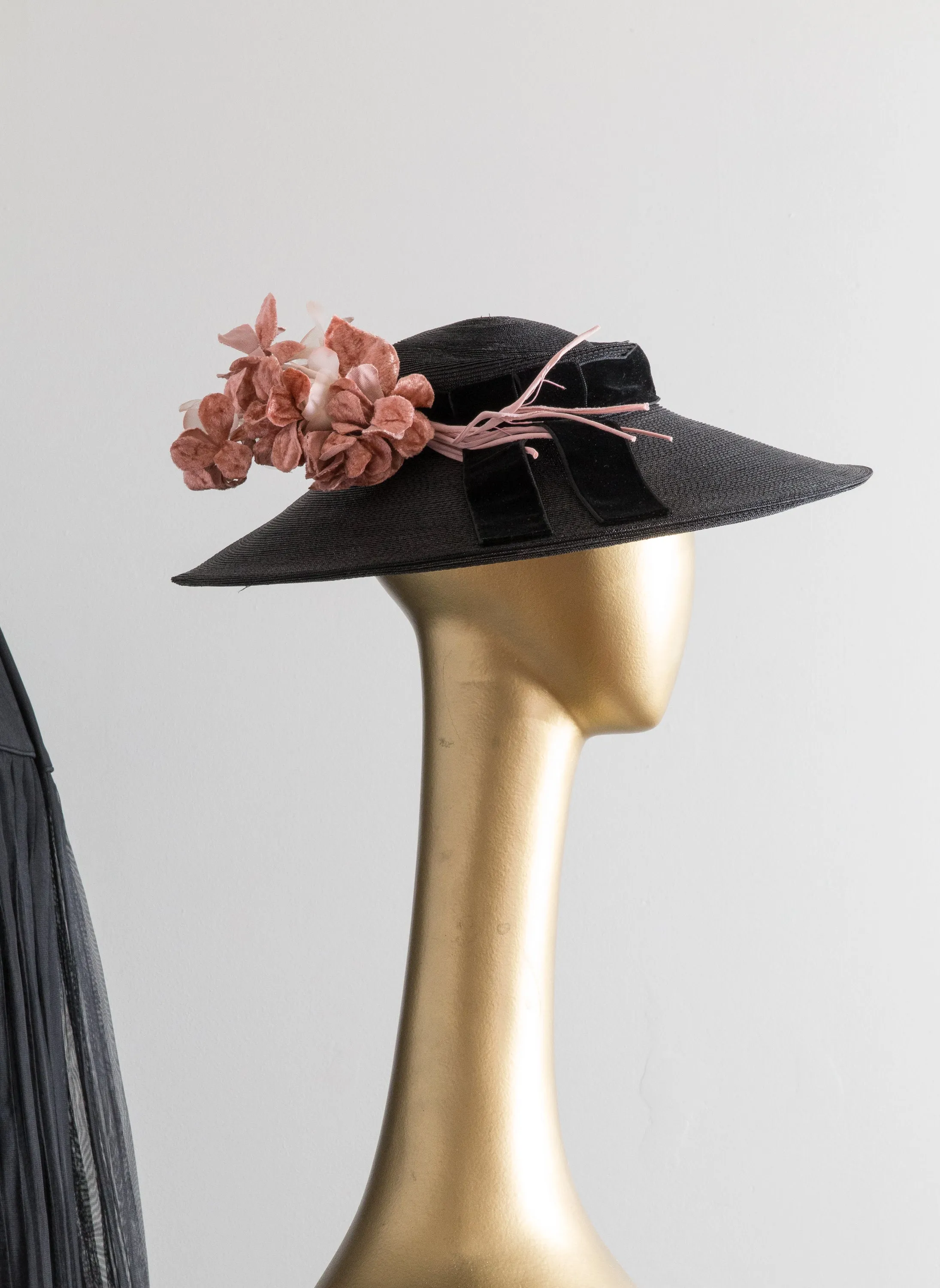 Classic 1950's Cartwheel Hat In Black Straw With Pink Millinery Flowers