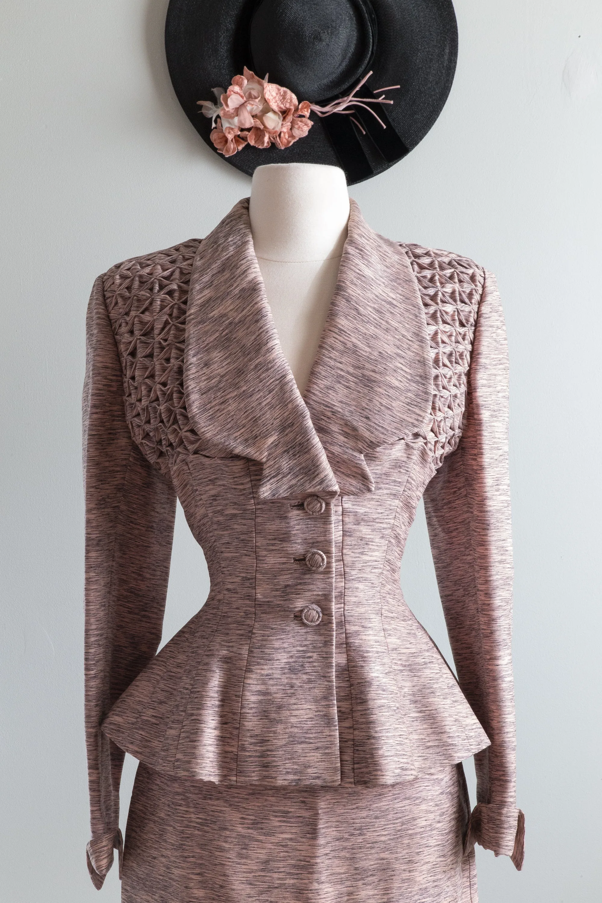 Classic 1950's Cartwheel Hat In Black Straw With Pink Millinery Flowers