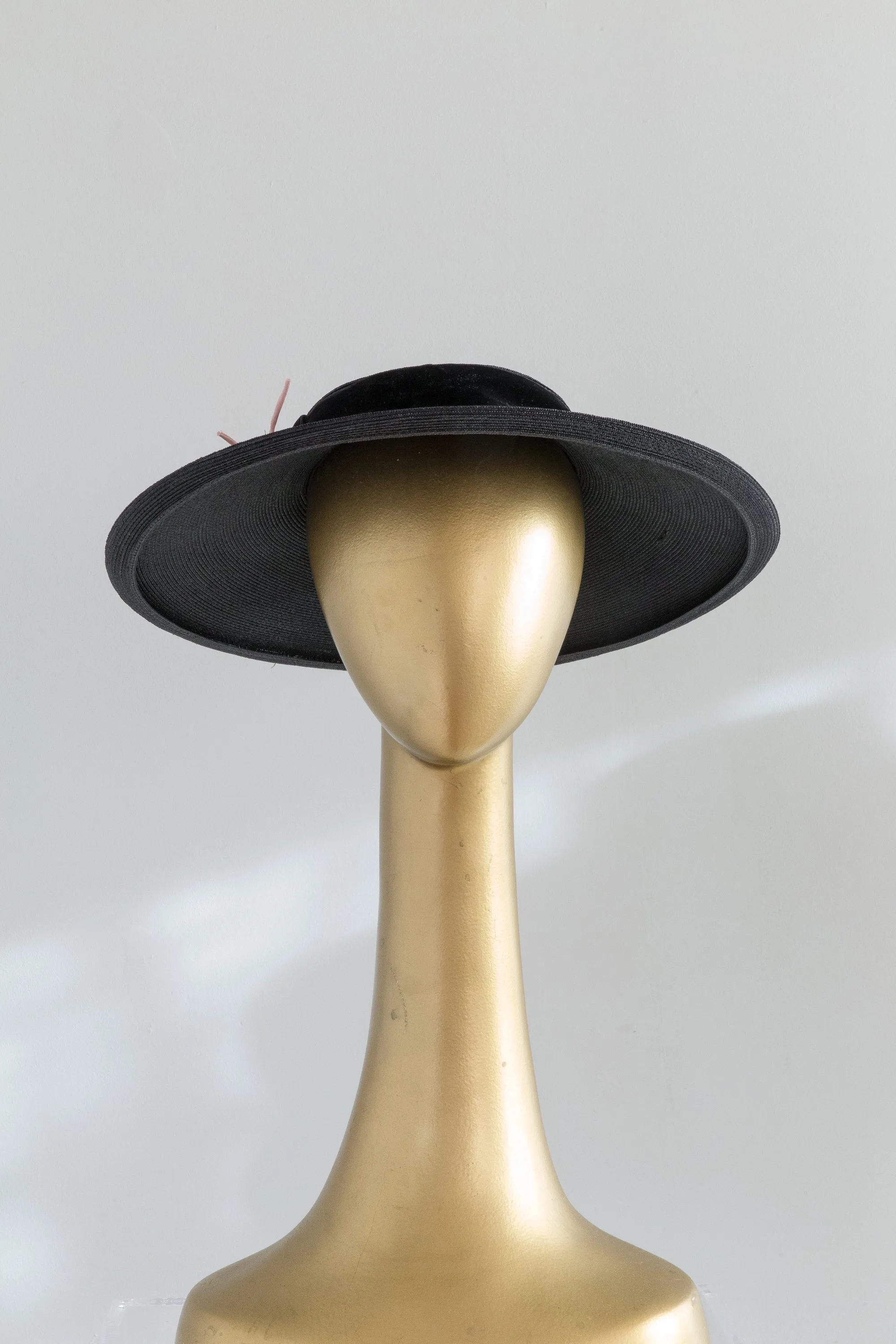 Classic 1950's Cartwheel Hat In Black Straw With Pink Millinery Flowers