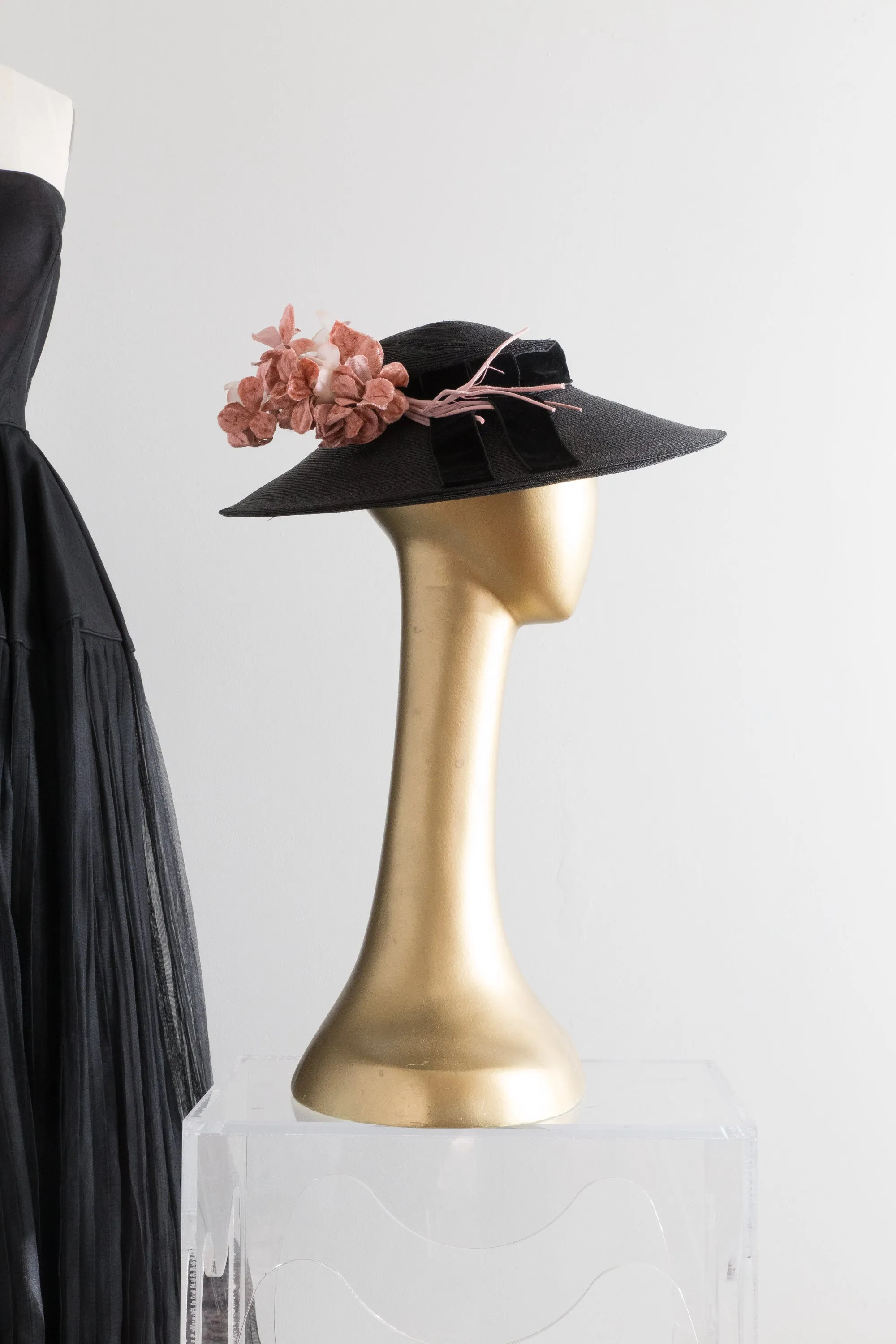 Classic 1950's Cartwheel Hat In Black Straw With Pink Millinery Flowers
