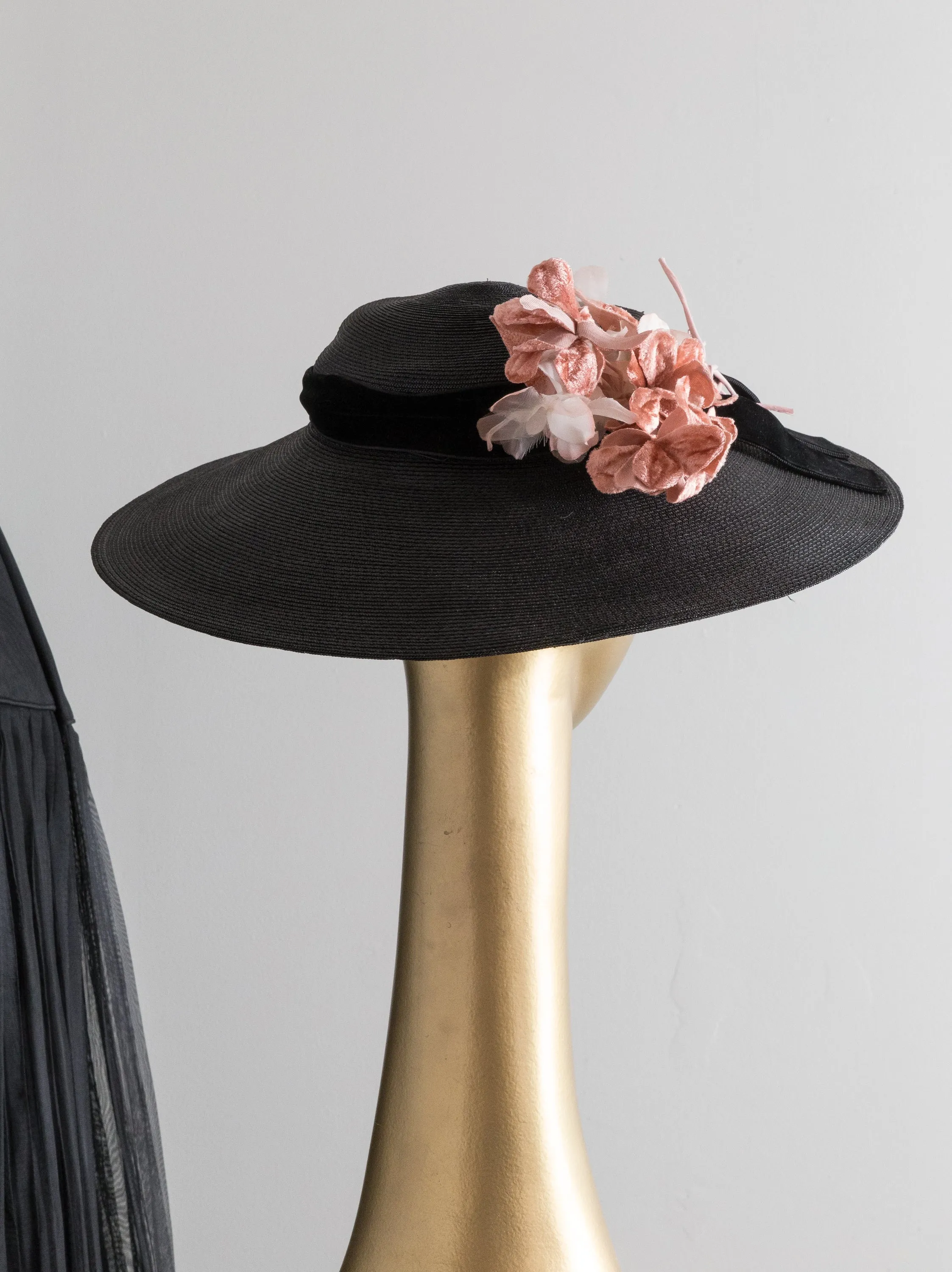 Classic 1950's Cartwheel Hat In Black Straw With Pink Millinery Flowers