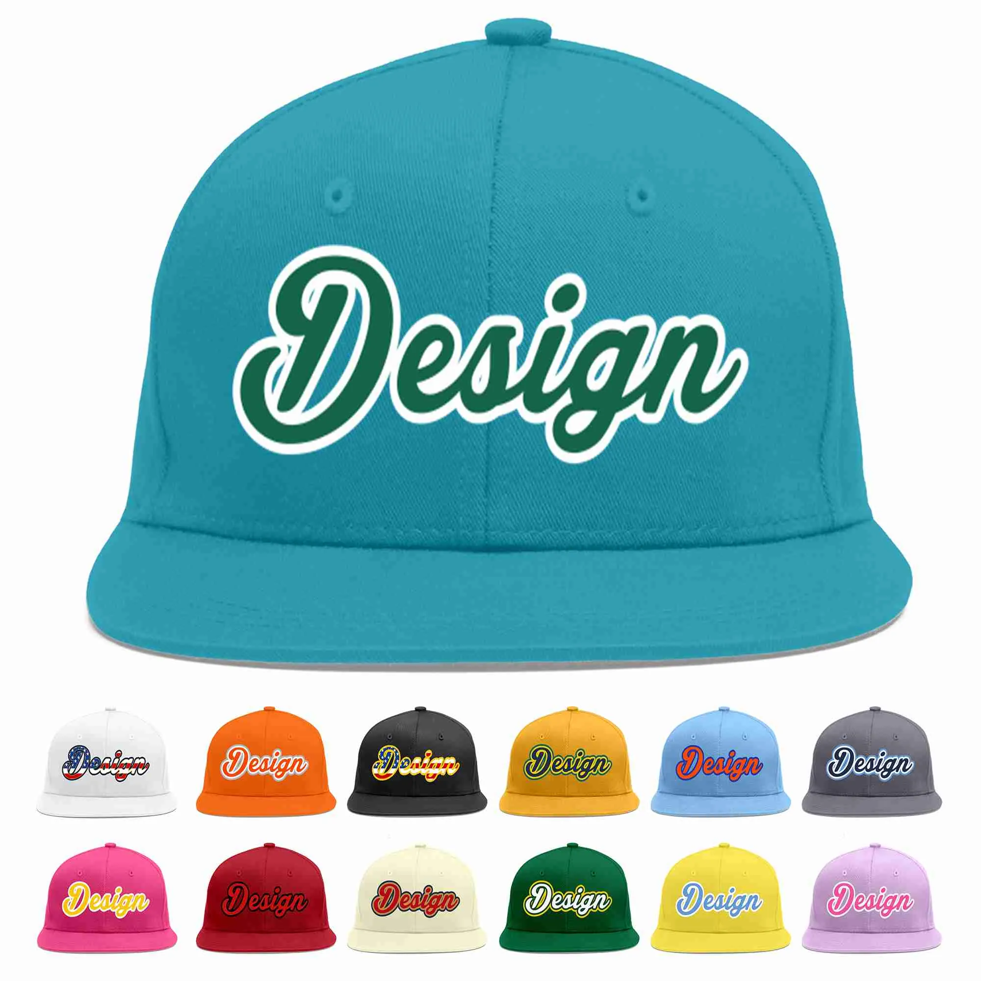 Custom Aqua Kelly Green-White Flat Eaves Sport Baseball Cap Design for Men/Women/Youth