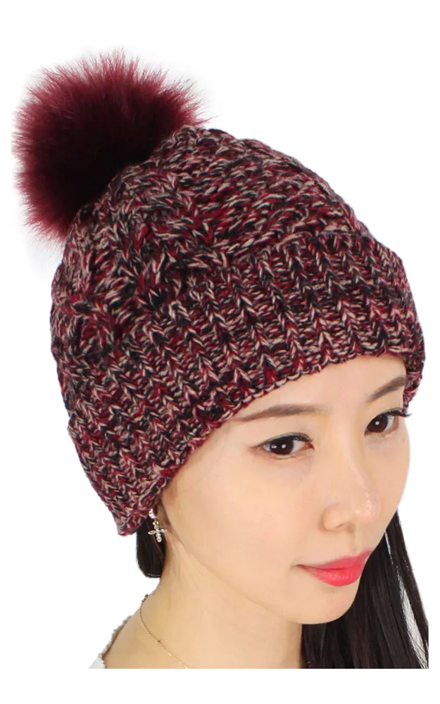 EHT10025 Multi Color Knit Pom Pom Beanie Hat