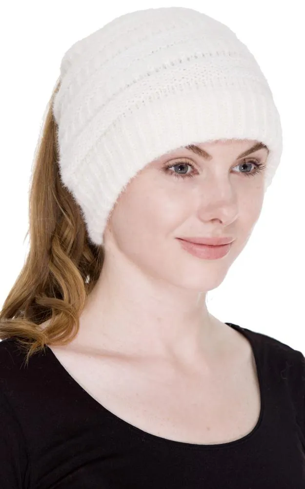 JH220 Solid Color Cable Knit Ponytail Beanie Hat