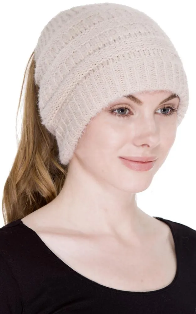 JH220 Solid Color Cable Knit Ponytail Beanie Hat