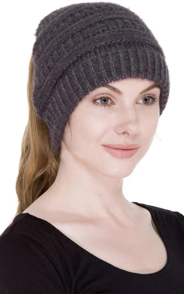 JH220 Solid Color Cable Knit Ponytail Beanie Hat
