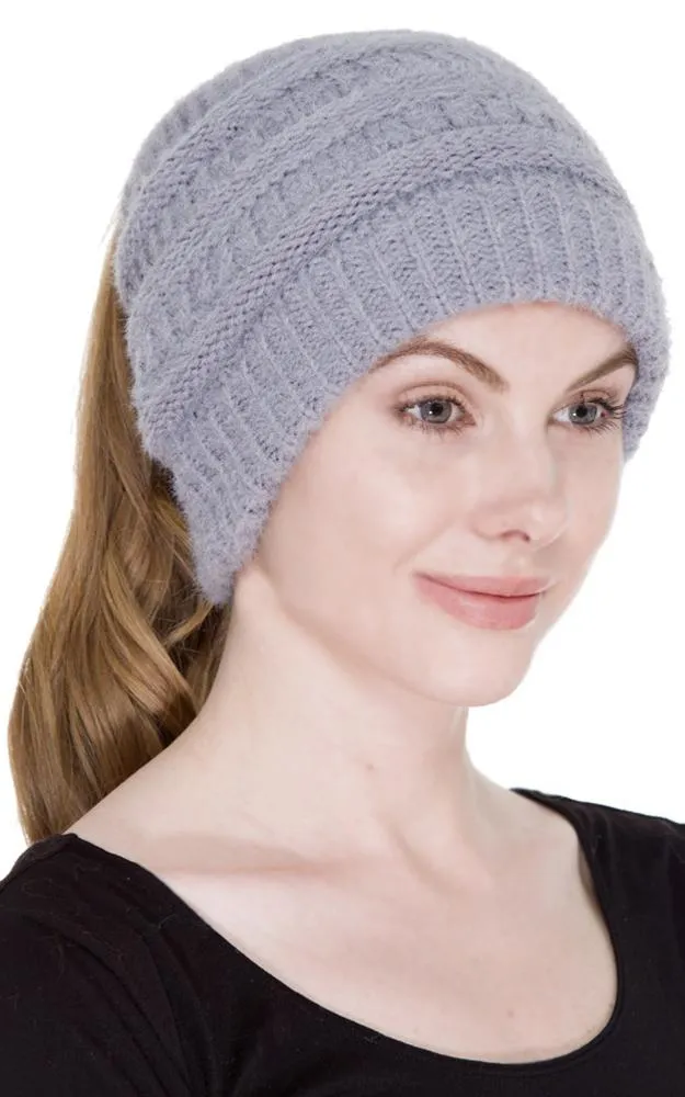 JH220 Solid Color Cable Knit Ponytail Beanie Hat