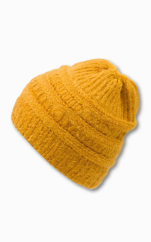 JH220 Solid Color Cable Knit Ponytail Beanie Hat
