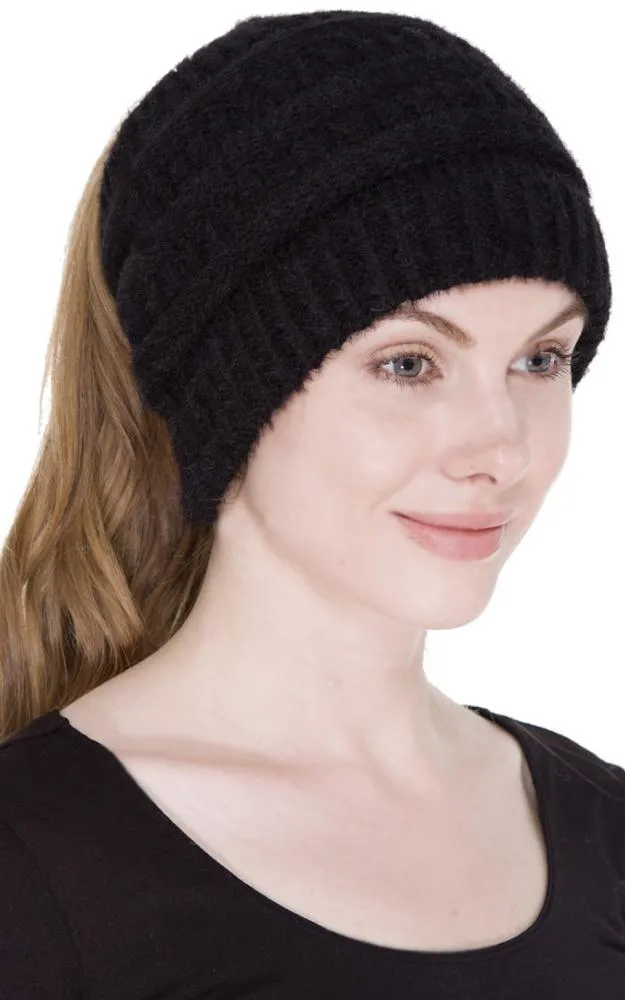 JH220 Solid Color Cable Knit Ponytail Beanie Hat
