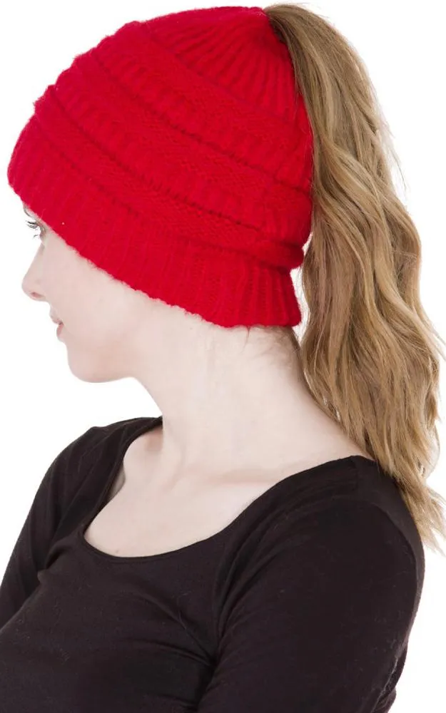 JH220 Solid Color Cable Knit Ponytail Beanie Hat
