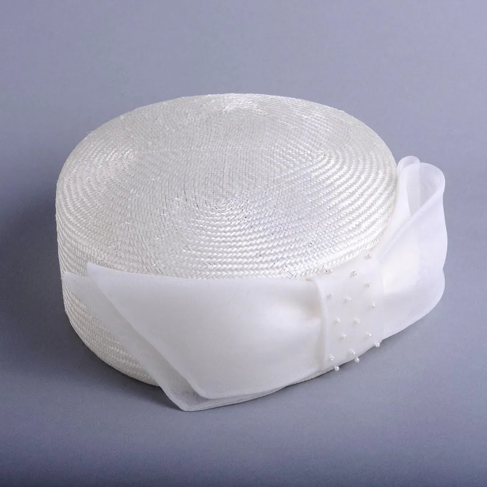 Marcela: Straw Pillbox Hat with Organza Bow