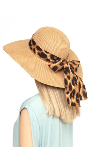 MH0024 Leopard Bow Summer Straw Floppy Beach Sun Hat