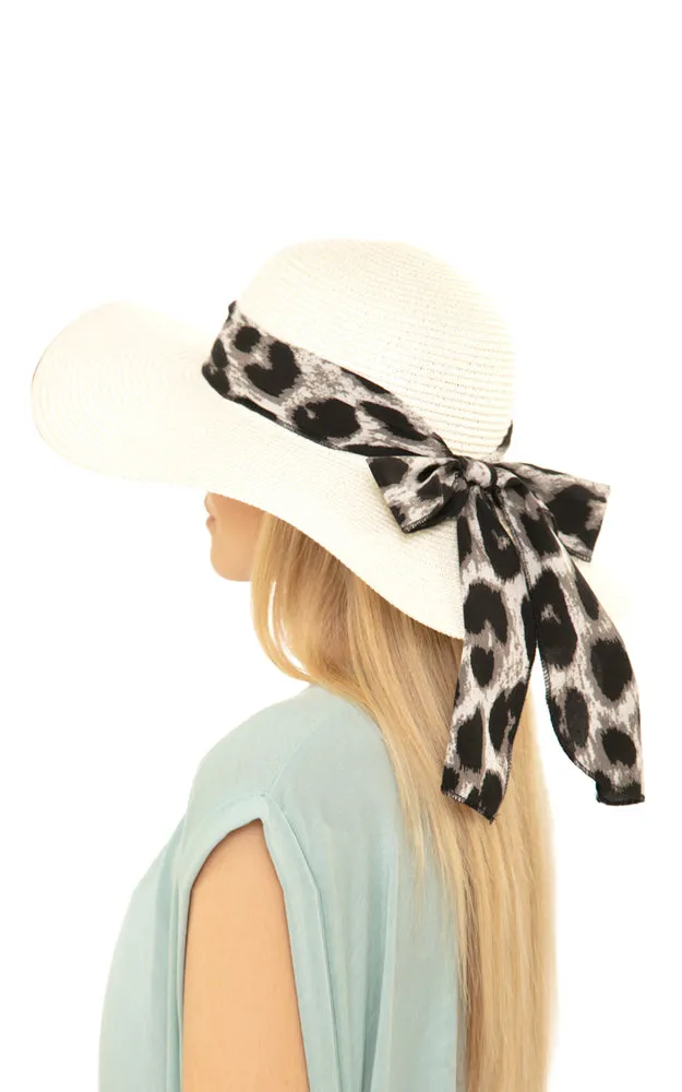 MH0024 Leopard Bow Summer Straw Floppy Beach Sun Hat