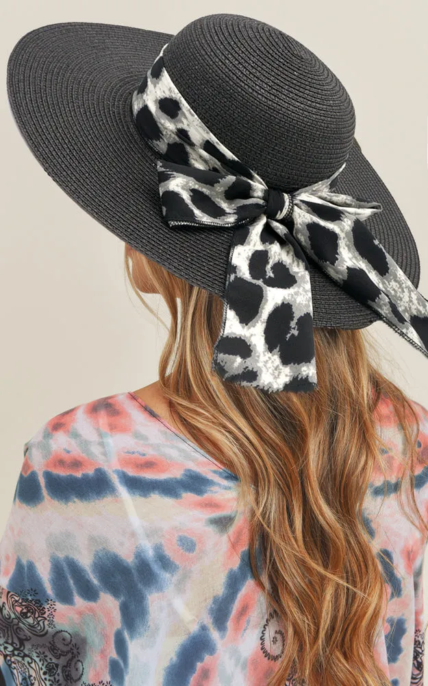 MH0024 Leopard Bow Summer Straw Floppy Beach Sun Hat