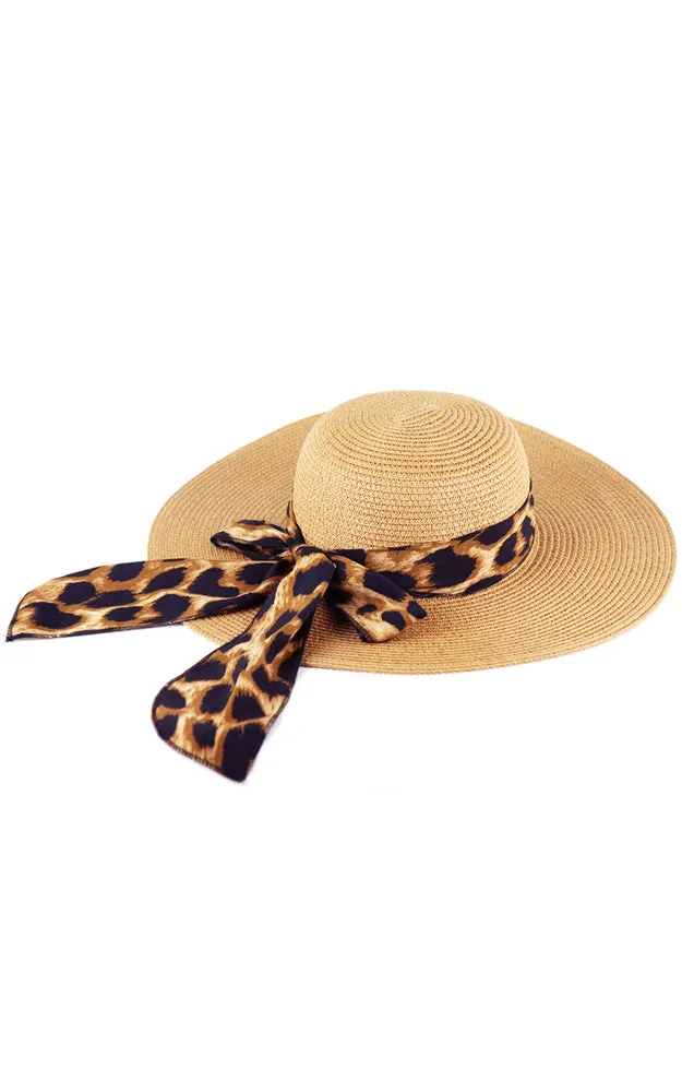 MH0024 Leopard Bow Summer Straw Floppy Beach Sun Hat