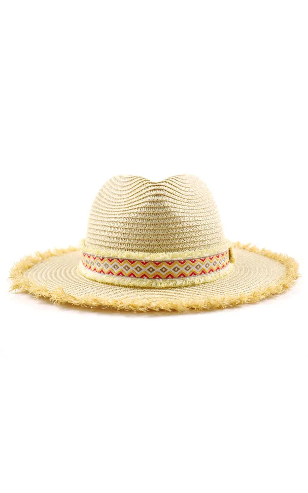 MH0036 Frayed Trim Aztec Straw Hat