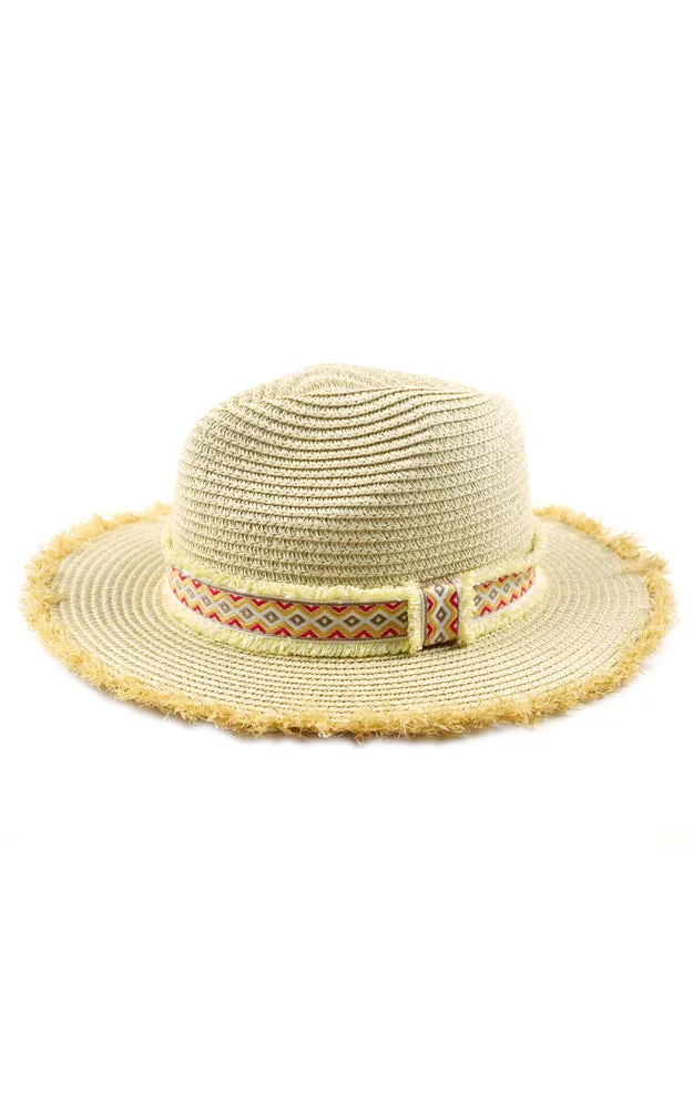MH0036 Frayed Trim Aztec Straw Hat