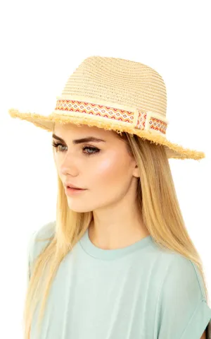 MH0036 Frayed Trim Aztec Straw Hat