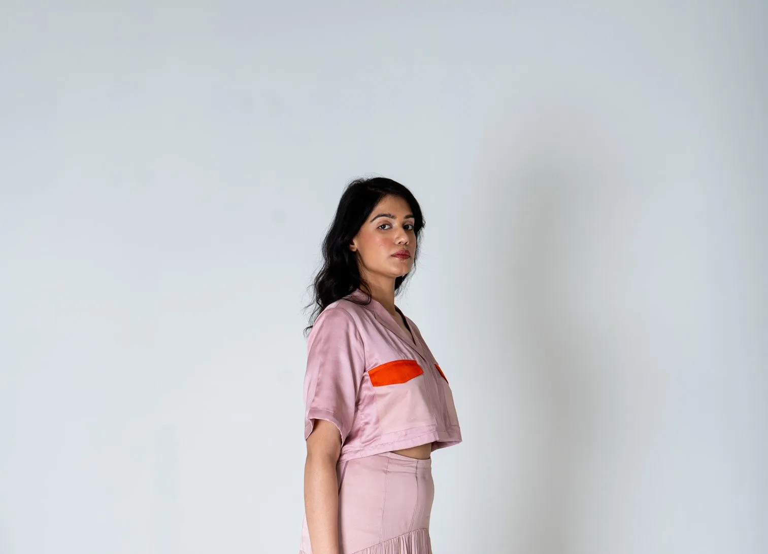 Pink-Orange Color-Blocked Crop top