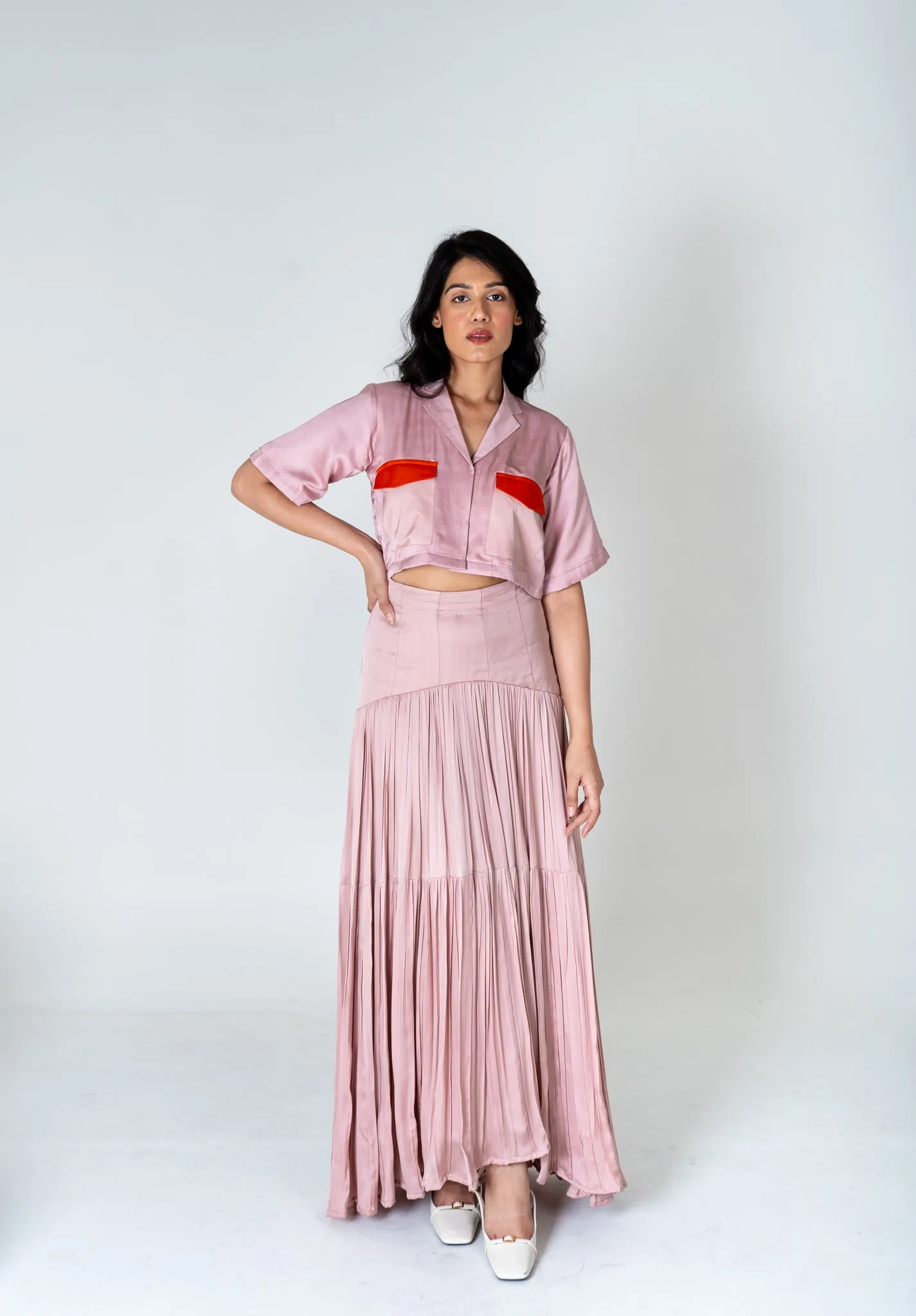 Pink-Orange Color-Blocked Maxi Skirt Set