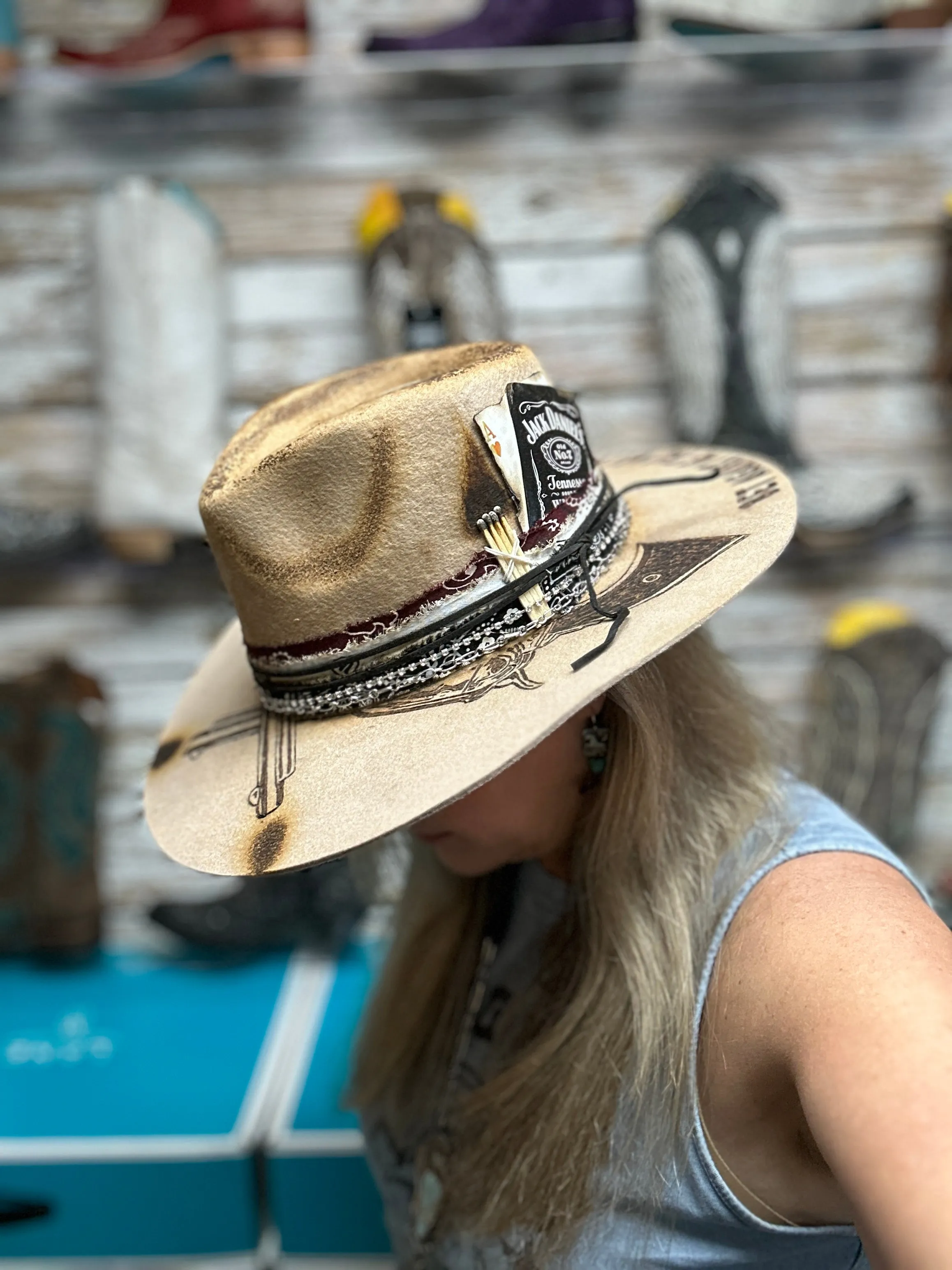 The Gambler Cowgirl Hat Custom Burned - Tan| Bourbon Cowgirl