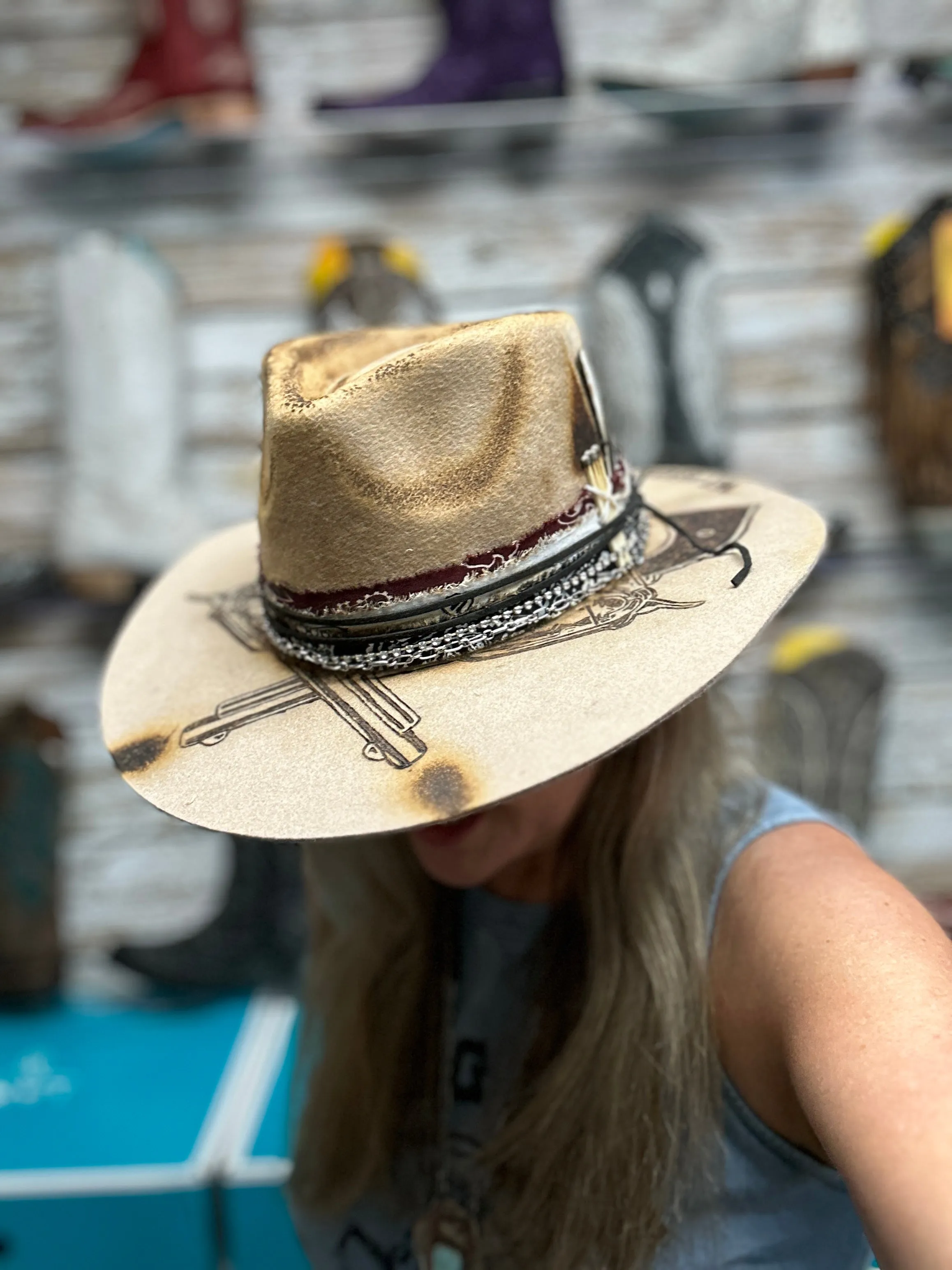 The Gambler Cowgirl Hat Custom Burned - Tan| Bourbon Cowgirl
