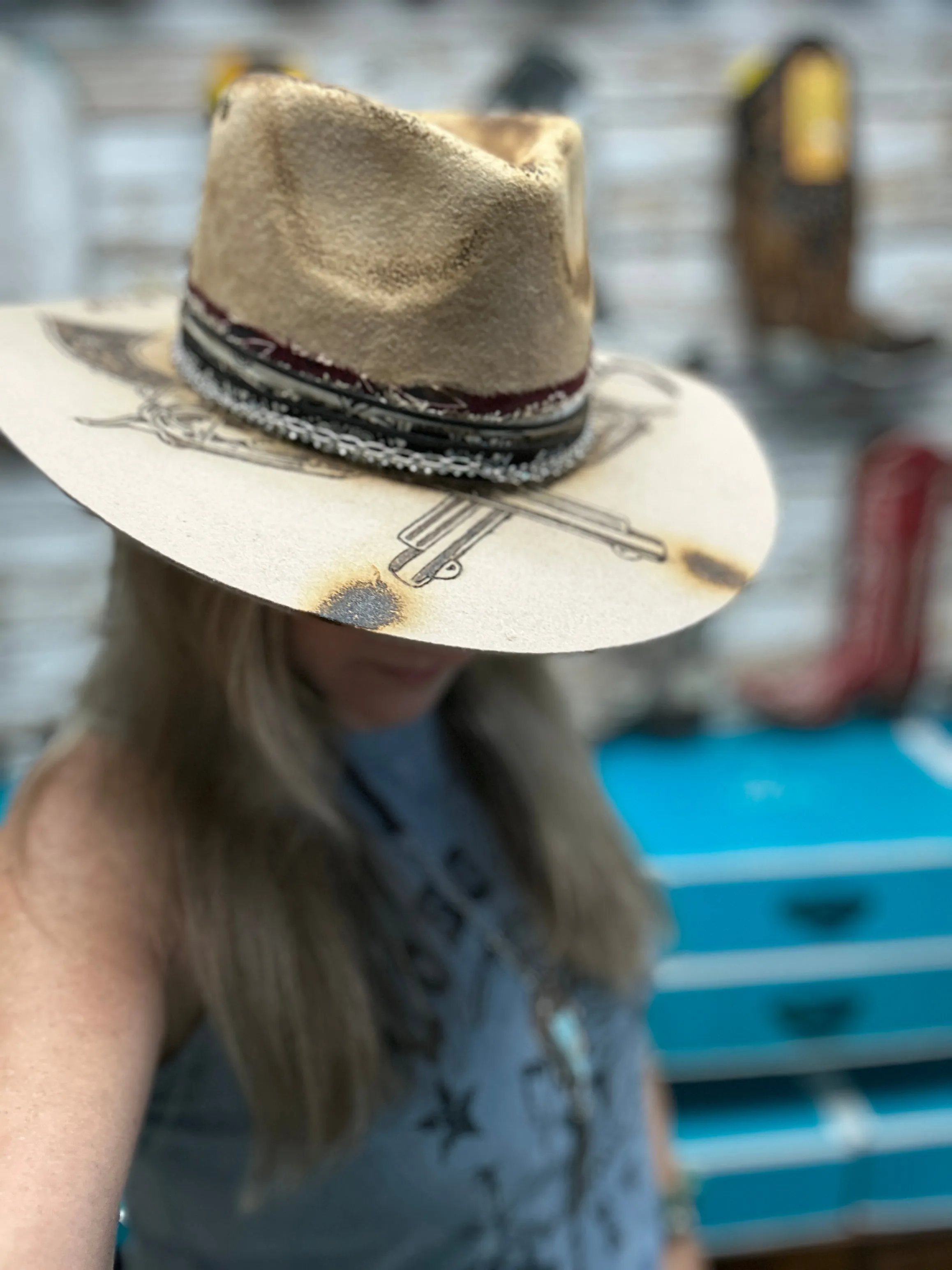The Gambler Cowgirl Hat Custom Burned - Tan| Bourbon Cowgirl