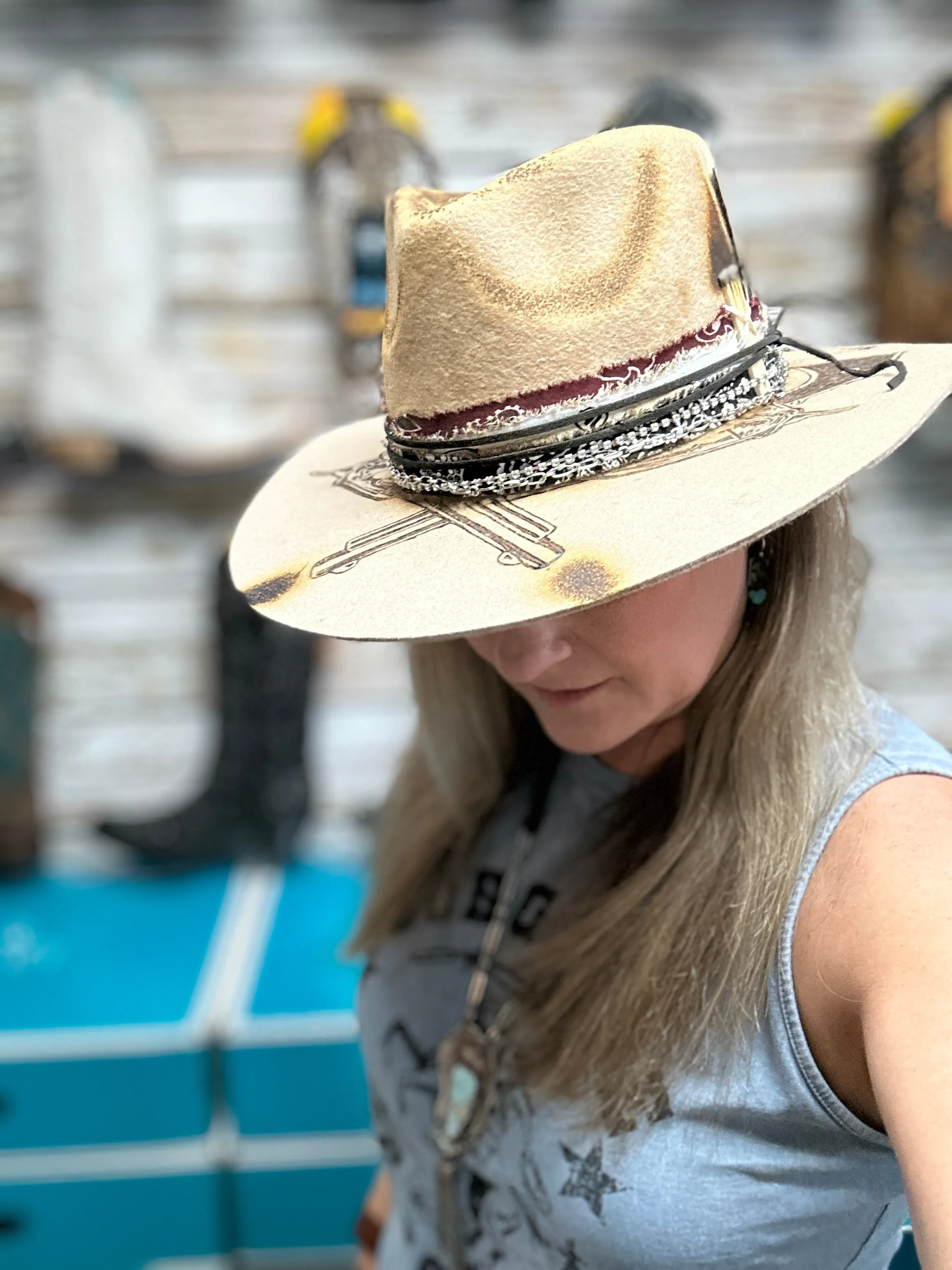 The Gambler Cowgirl Hat Custom Burned - Tan| Bourbon Cowgirl