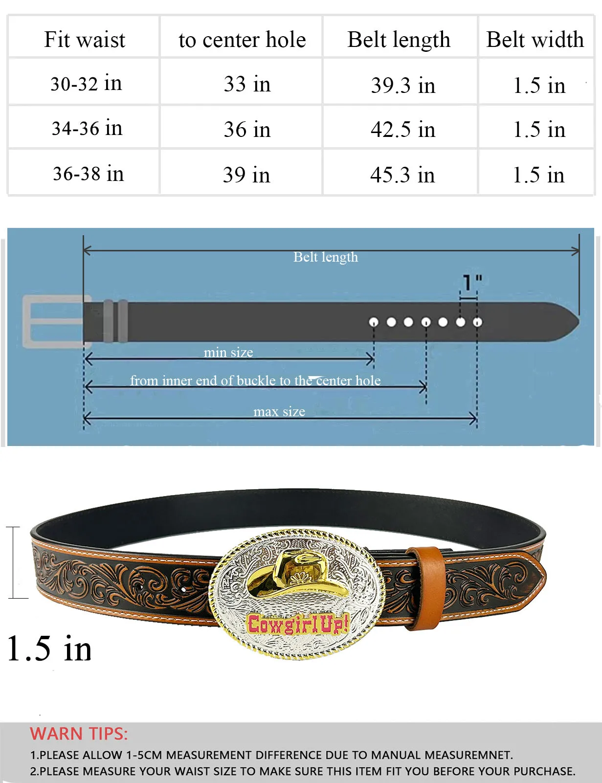 TOPACC Western Genuine Leather Pattern Tooled Belt-Two Tone Cowboy Hat Buckle