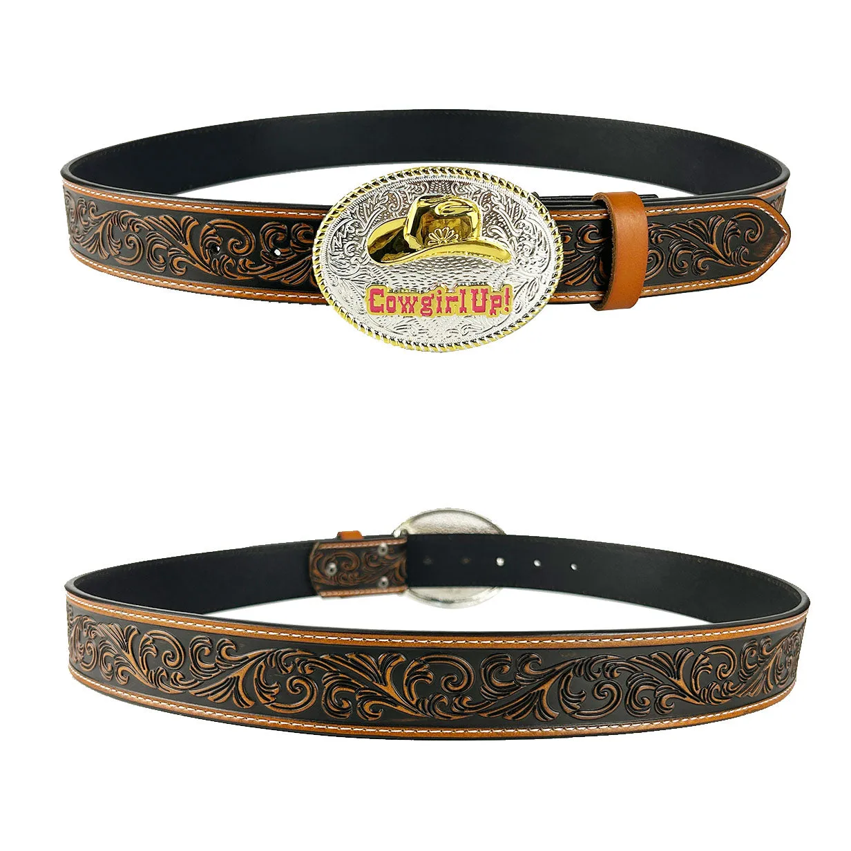 TOPACC Western Genuine Leather Pattern Tooled Belt-Two Tone Cowboy Hat Buckle