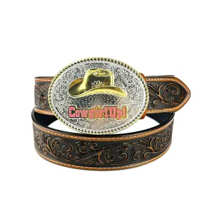TOPACC Western Genuine Leather Pattern Tooled Belt-Two Tone Cowboy Hat Buckle