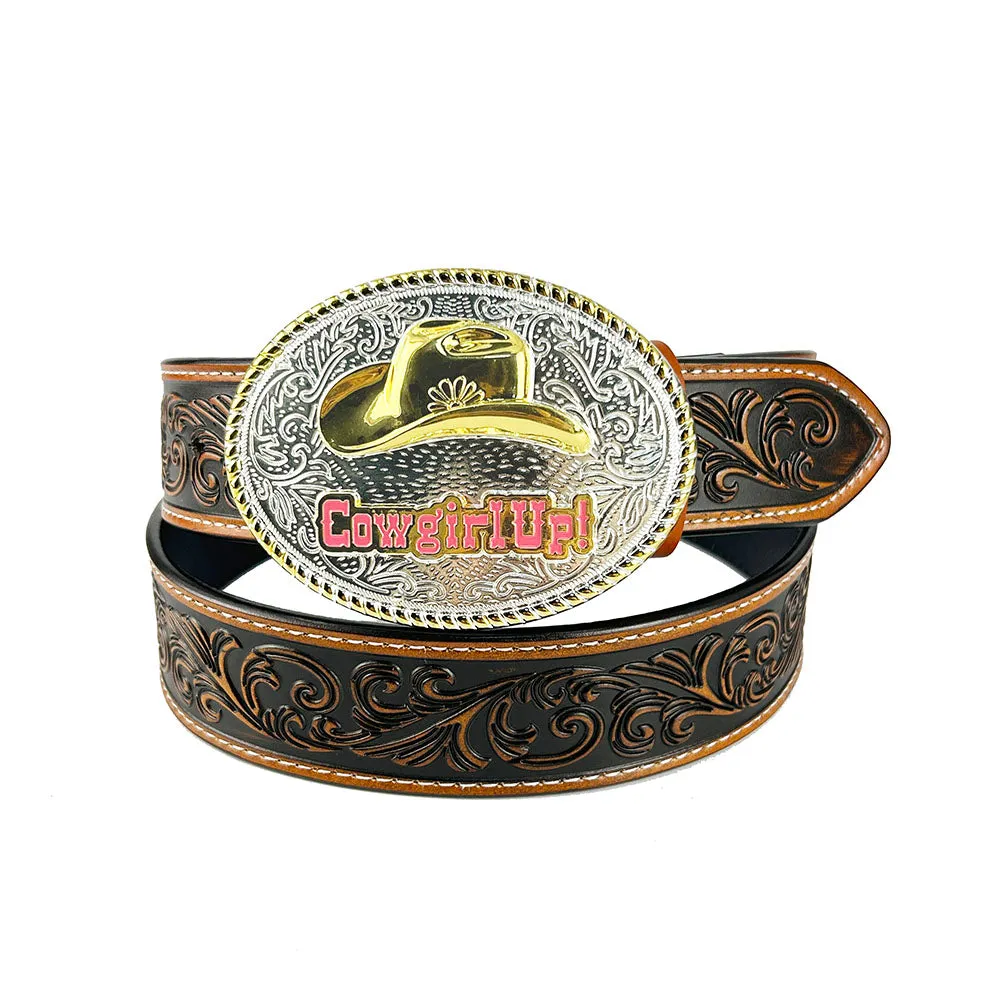 TOPACC Western Genuine Leather Pattern Tooled Belt-Two Tone Cowboy Hat Buckle