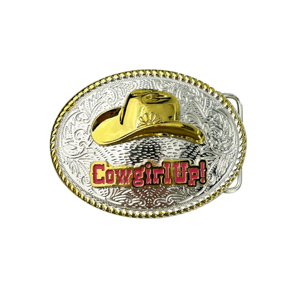 TOPACC Western Genuine Leather Pattern Tooled Belt-Two Tone Cowboy Hat Buckle