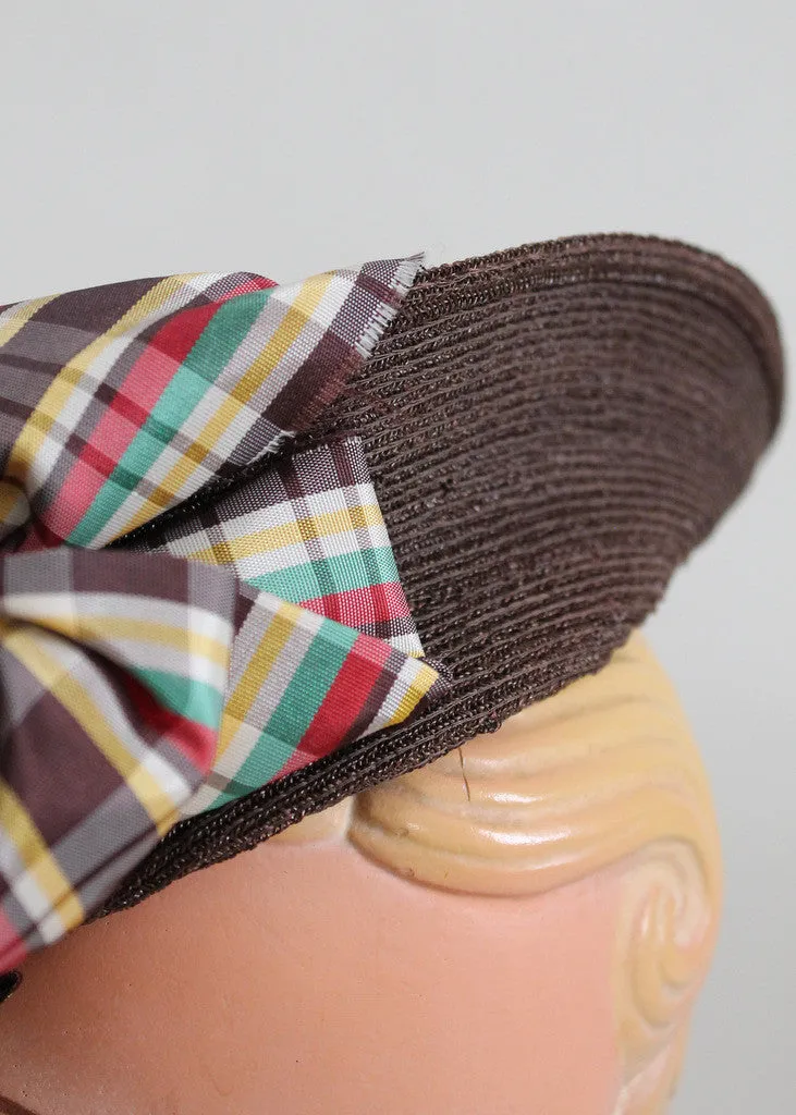 Vintage 1930s Brown Straw Tilt Hat with Plaid Bow