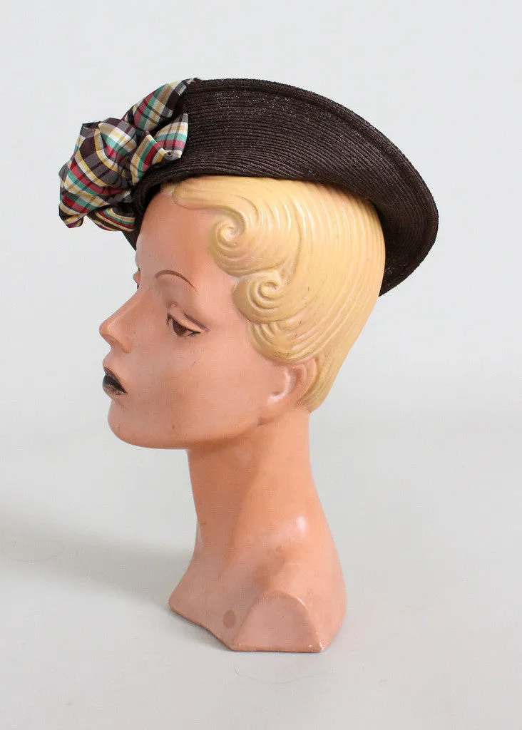 Vintage 1930s Brown Straw Tilt Hat with Plaid Bow
