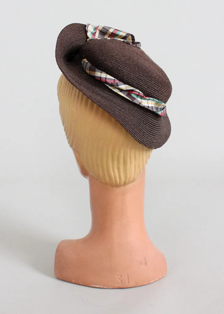 Vintage 1930s Brown Straw Tilt Hat with Plaid Bow