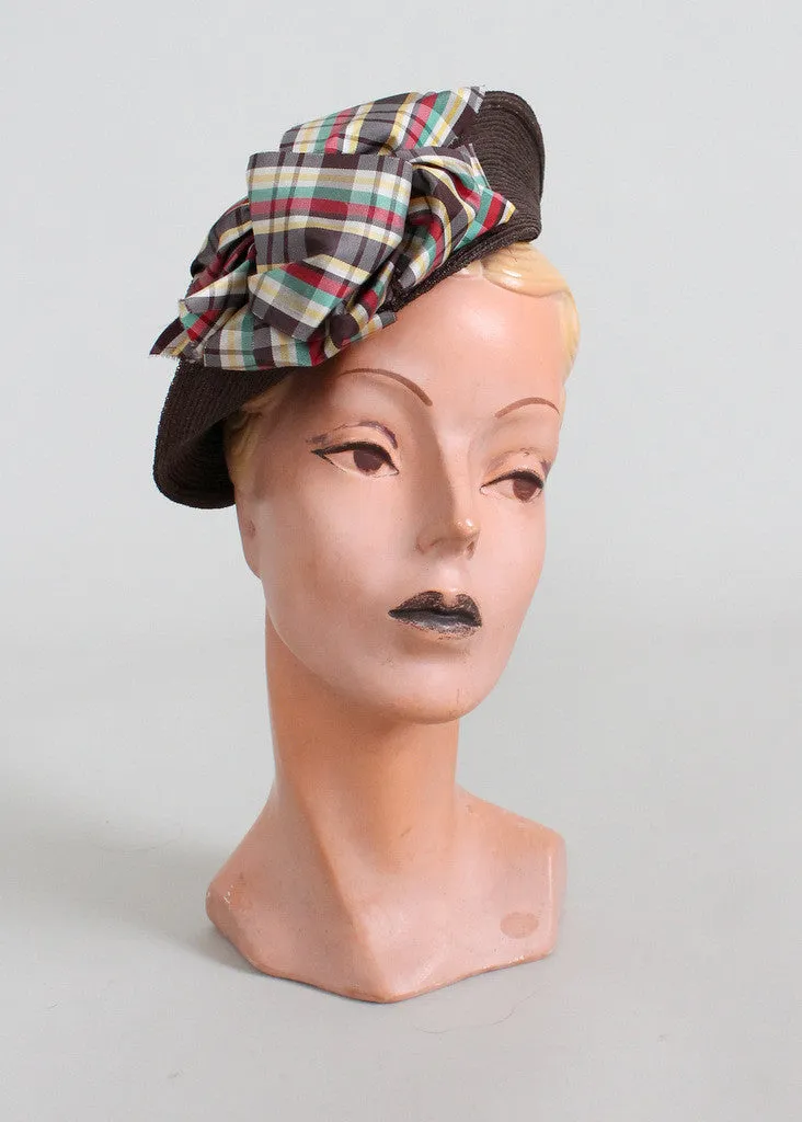 Vintage 1930s Brown Straw Tilt Hat with Plaid Bow